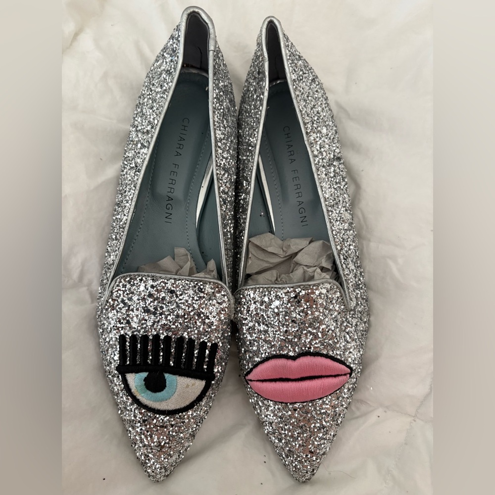 Chiara Ferragni Glitter Loafers with Eye and Lip Design